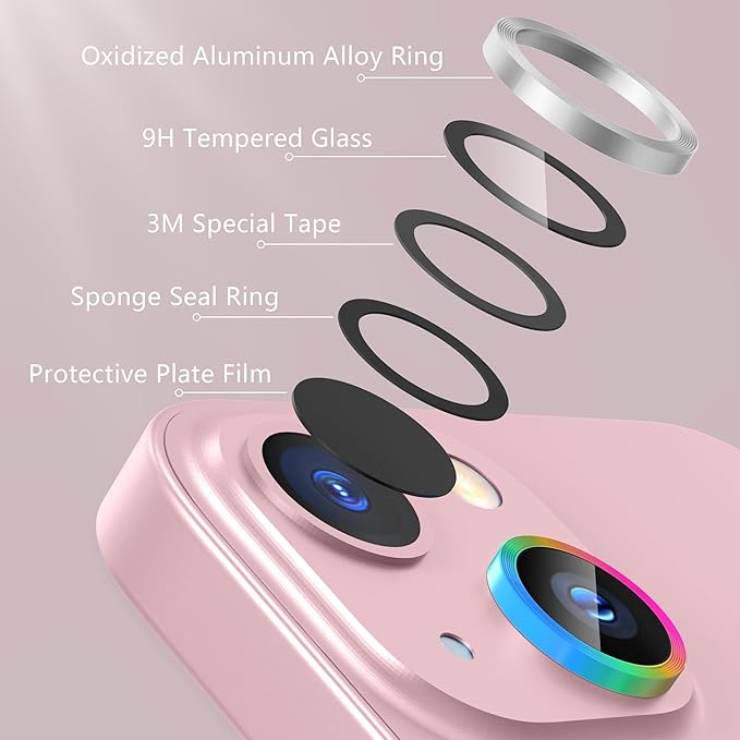 AGVEE 3+3 6 Pack for iPhone 15 6.1" / 15 Plus 6.7" Camera Lens Cover Protector, Metal Ring 9H Tempered HD Glass Camera Cover Protector Film, Silver