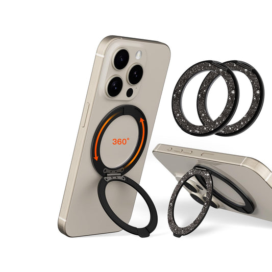 COOLQO 2Pcs 360 Spin Cell Grip Ring Phone Stand [Upgrade Gear Hinge Stress Relief] Magnetic Holders for Your car Accessories Desk Mount Compatible with iPhone All Smartphone, Glitter Black