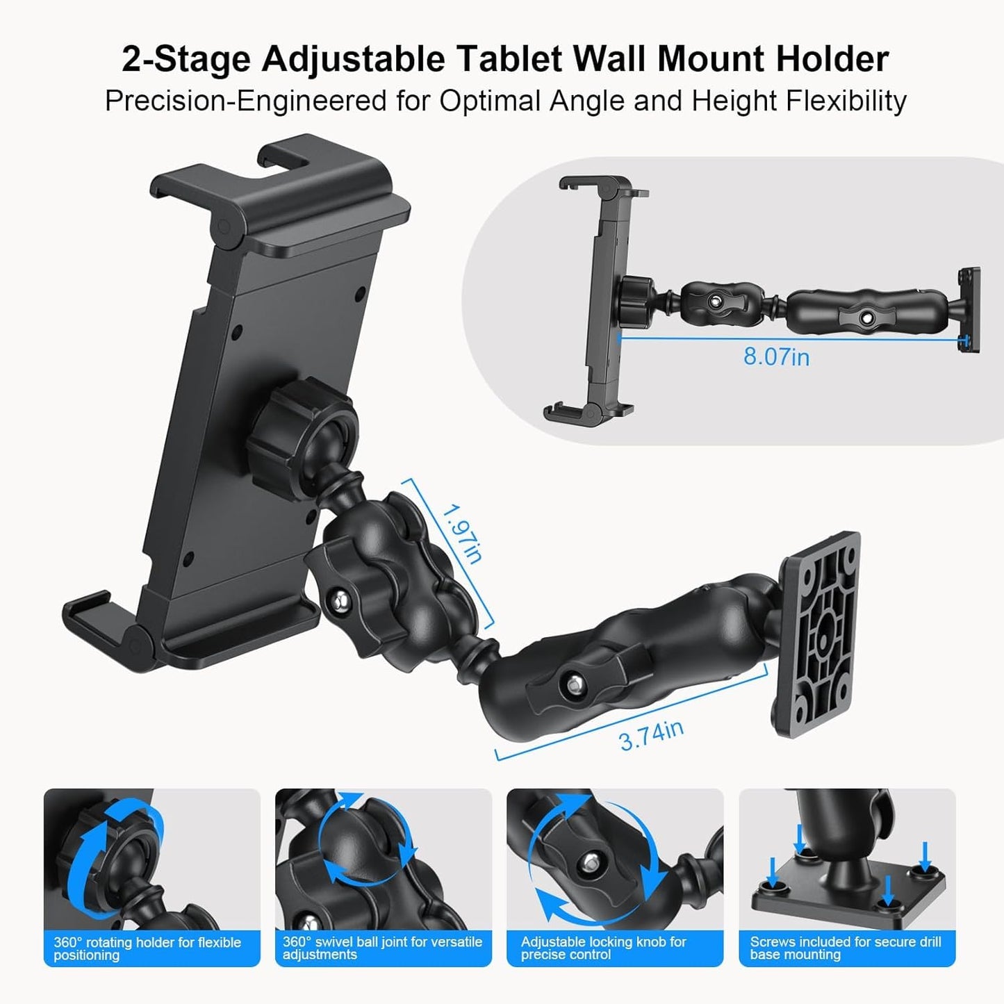 PLDHPRO Tablet Mount for Truck, Heavy Duty Drill Base Tablet Holder for Car Dashboard, Adjustable 2-Stage Stand Compatible with iPad, Galaxy Tab/Z Fold, 5.5-14.6'' Phone Tab for Wall, Vehicle, Boat