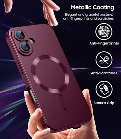LEKEVO Magnetic for iPhone 16 Plus Case [Compatible with MagSafe][Built-in Camera Lens Protector] Slim Soft Silicone Bumper Shockproof Metallic Luster Phone Case (Burgundy)