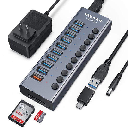 Powered USB Hub, Wenter 11-Port USB Splitter Hub (10 Faster Data Transfer Ports+ 1 Smart Charging Port) with Individual LED On/Off Switches, USB Hub 3.0 Powered with Power Adapter for Mac, PC