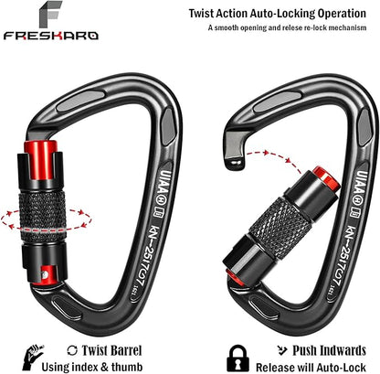 FresKaro 25kN Climbing Carabiners Double Locking Carabiner Clips, Heavy Duty Carabiner for Rock Climbing, Rappelling, Hunting, or Survival Gear kit, Gym Equipment, Cerfified UIAA Carabiner Black