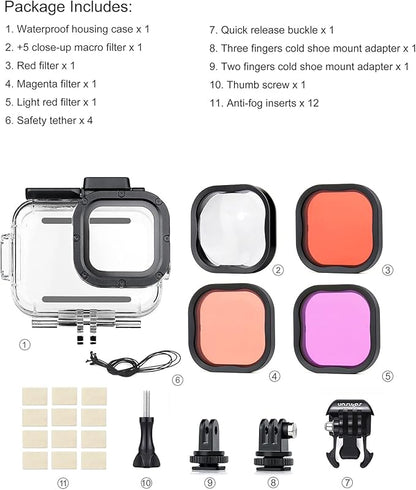 SOONSUN Waterproof Case with Dive Filters for GoPro Hero 13/12 / 11/10 / 9 Black, 196 Feet Underwater Protective Dive Housing Case with Red, Light Red, Magenta, 5X Close-up Macro Filters