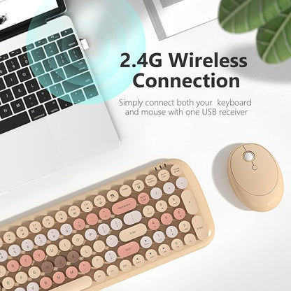 KNOWSQT Wireless Keyboard and Mouse Combo, Light Milktea 100 Keys 2.4 GHz Round Keycap Typewriter Ctue Keyboards, USB Receiver Plug and Play, for Windows, PC, Laptop, Computer, Desktop