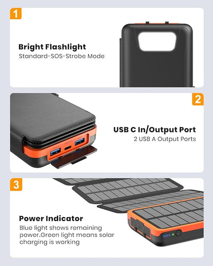 Hiluckey Solar Charger Power Bank 27000mAh - 22.5W Fast Charging Portable Phone Charger with 4 Solar Panels - USB C PD External Battery Pack with 3 USB Outputs for Cellphone Tablet