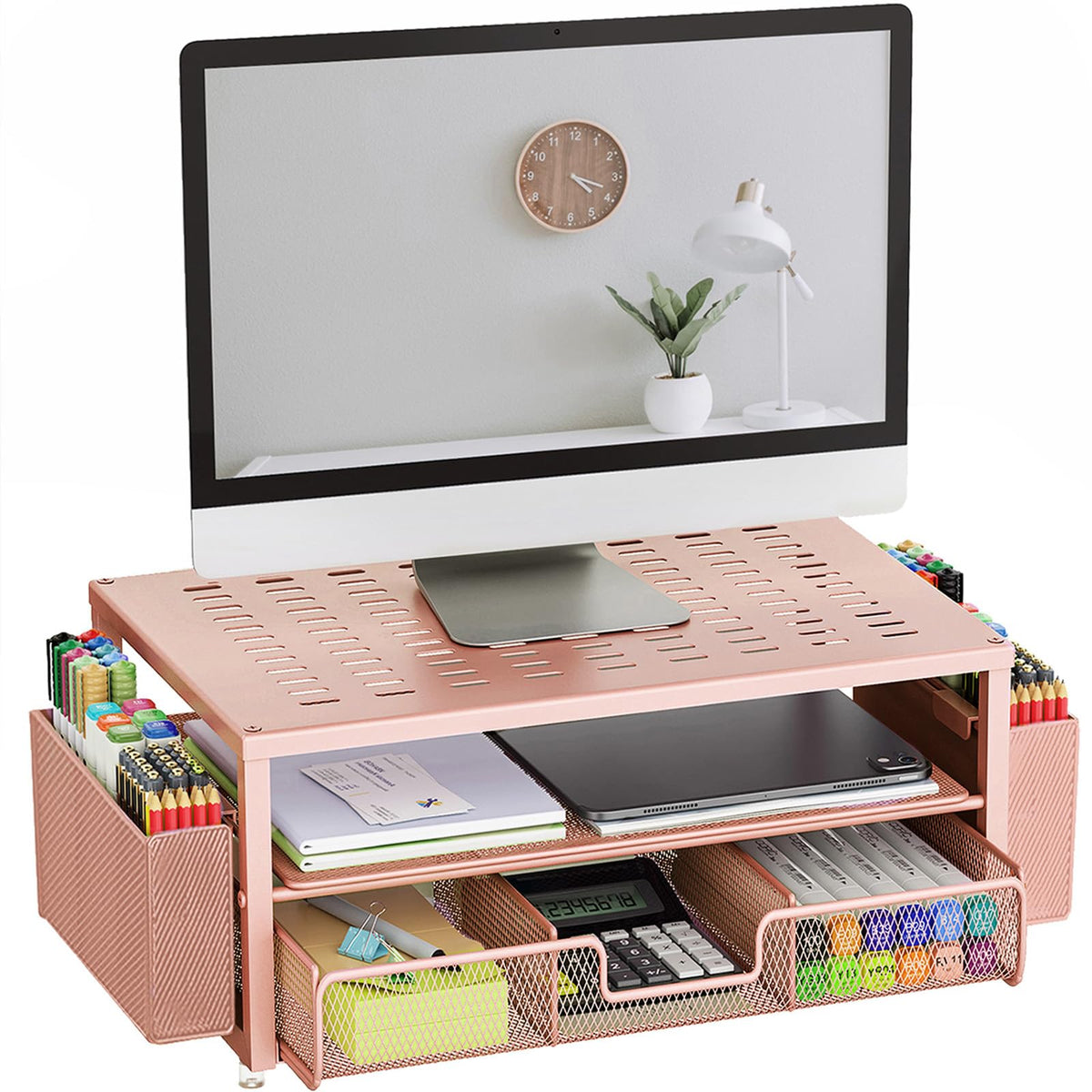 gianotter Desk Organizers and Accessories, Monitor Stand with Drawer and 2 Pen Holder, Desktop Organizer Suitable for Offices and Dormitories (Blue)