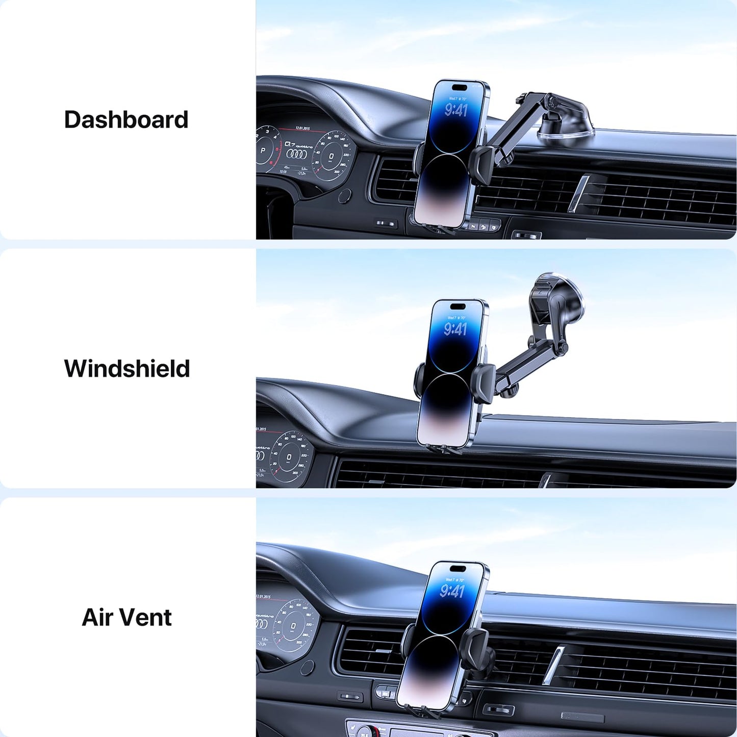Miracase Phone Holders for Your Car, [Thick Case & Heavy Phone Friendly] Universal Cell Phone Car Mount, 3-in-1 Phone Mount for Car Dashboard Windshield Air Vent Fit for All Smartphones