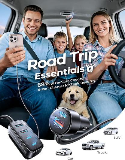 AINOPE 108W USB C Car Charger with 6 Fast Charging Ports, Road Trip Essentials Cigarette Lighter Car Travel Essentials for Long Trips Kids for iPhone 16 15 Pro Max 14 iPad S24 S25 Hire Tablet