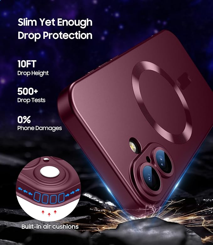 LEKEVO Magnetic for iPhone 16 Plus Case [Compatible with MagSafe][Built-in Camera Lens Protector] Slim Soft Silicone Bumper Shockproof Metallic Luster Phone Case (Burgundy)