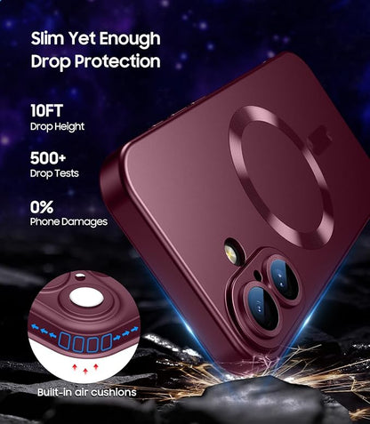 LEKEVO Magnetic for iPhone 16 Plus Case [Compatible with MagSafe][Built-in Camera Lens Protector] Slim Soft Silicone Bumper Shockproof Metallic Luster Phone Case (Burgundy)