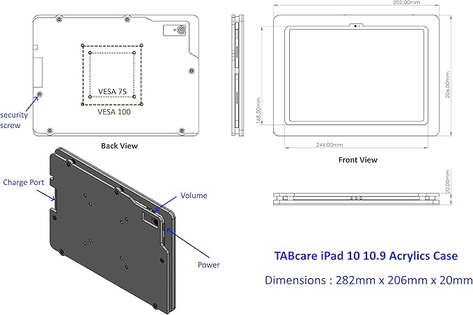 TABcare Anti-Theft Acrylic VESA Enclosure for Apple iPad 10 10.9" 2022, iPad 11" 2025 with Free Wall Mount Kit & 90-Degree Angle USB C Charge Cable (Clear)