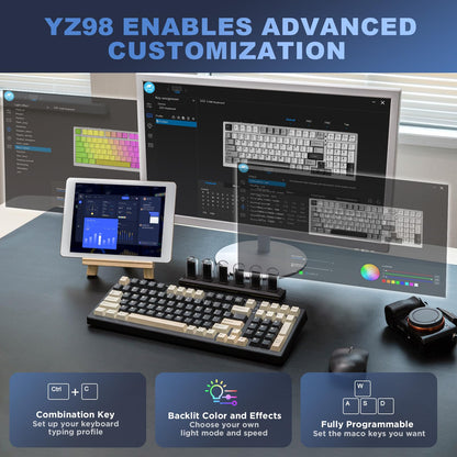 YUNZII YZ98 Gasket Mechanical Keyboard,99 Key Hot Swappable BT5.0/2.4G/USB-C Wireless NKRO 98% 1800 Layout with RGB LED Backlit for Linux/Win/Mac(Black, Cocoa Cream V2 Switch)