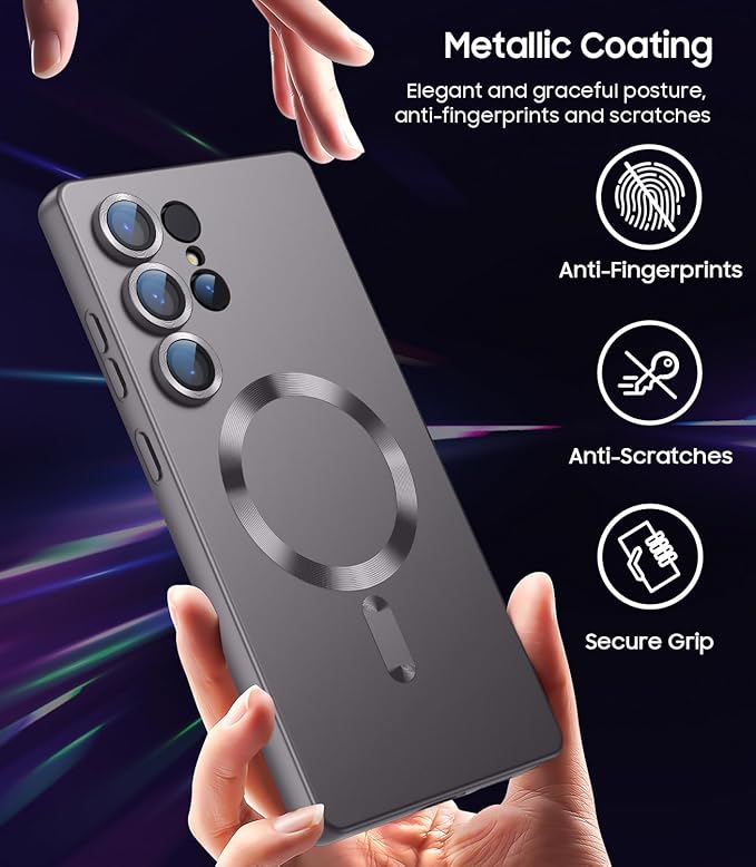 Magnetic for Samsung Galaxy S25 Ultra Case [Compatible with MagSafe][Built-in Camera Lens Protector] Slim Soft Silicone Bumper Shockproof Metallic Luster Phone Shell (Gray)