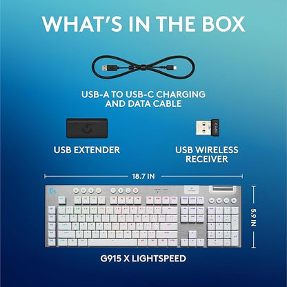 Logitech G915 X Lightspeed Wireless Mechanical Gaming Keyboard, Double-Shot PBT Keycaps, Fully Programmable Keys, RGB Backlit Mac/PC Gaming Keyboards, Aluminum Finish, GL Tactile Switches, White