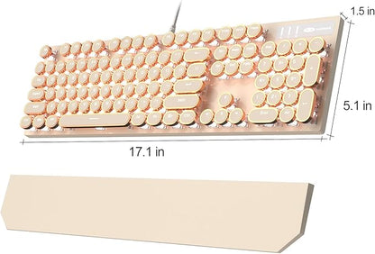 MageGee Typewriter Mechanical Gaming Keyboard, Retro Punk Creamy Round Keycaps, 104 Keys LED White Backlit Wired Keyboards for Laptop MAC PC Gamer, with Magnetic Wrist Rest, Blue Switch