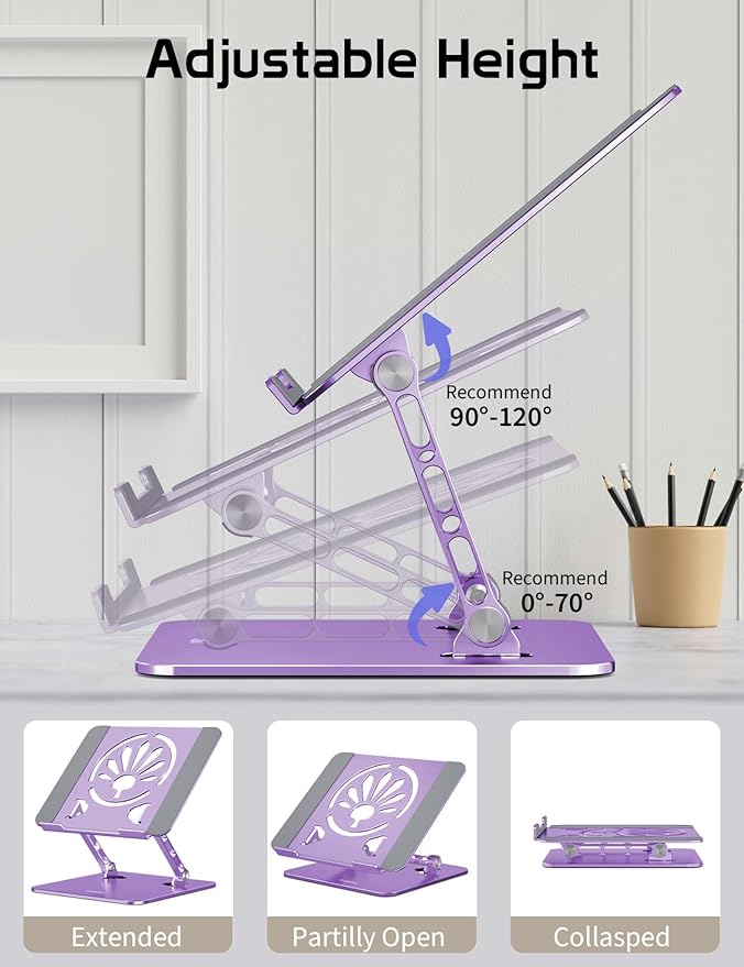 Aluminum Laptop Stand for Desk – Adjustable Ergonomic Laptop Riser, Foldable & Portable Holder Fit for MacBook & 10"-16" Laptops for Office, Home & Travel,Purple