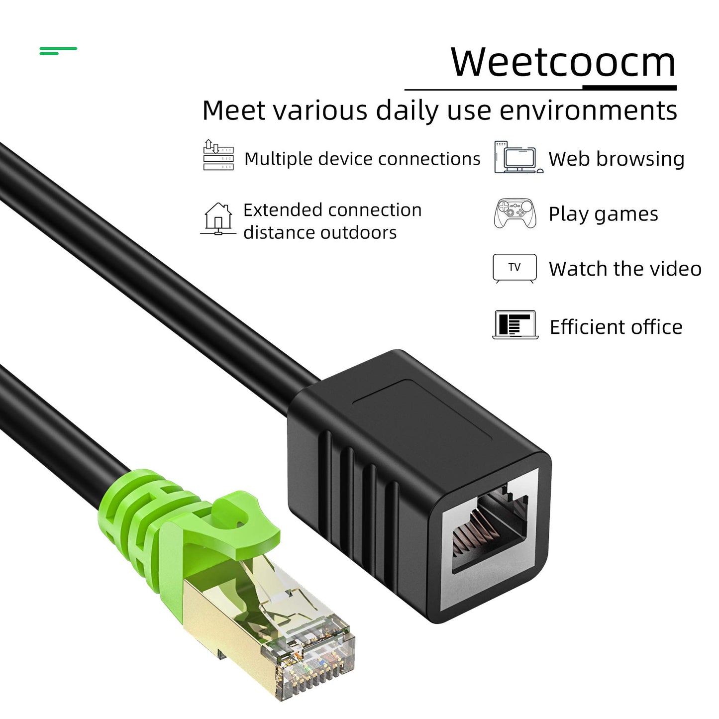 Weetcoocm Ethernet Extension Cable 3ft, Network Cat6a Extension Patch Cable RJ45 Cords Shielded Male to Female Connector (3FT)