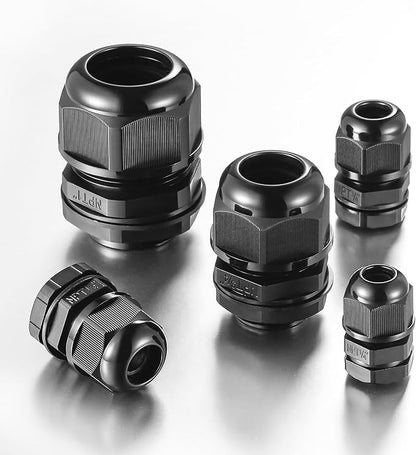 25 PCS 3/4"(12.5-18mm) NPT Nylon Cable Gland Joints with Gaskets, IP68 Adjustable Lock Nut Strain Relief Cord Grip Waterproof Cable Glands - UL Listed and RoHS Compliant