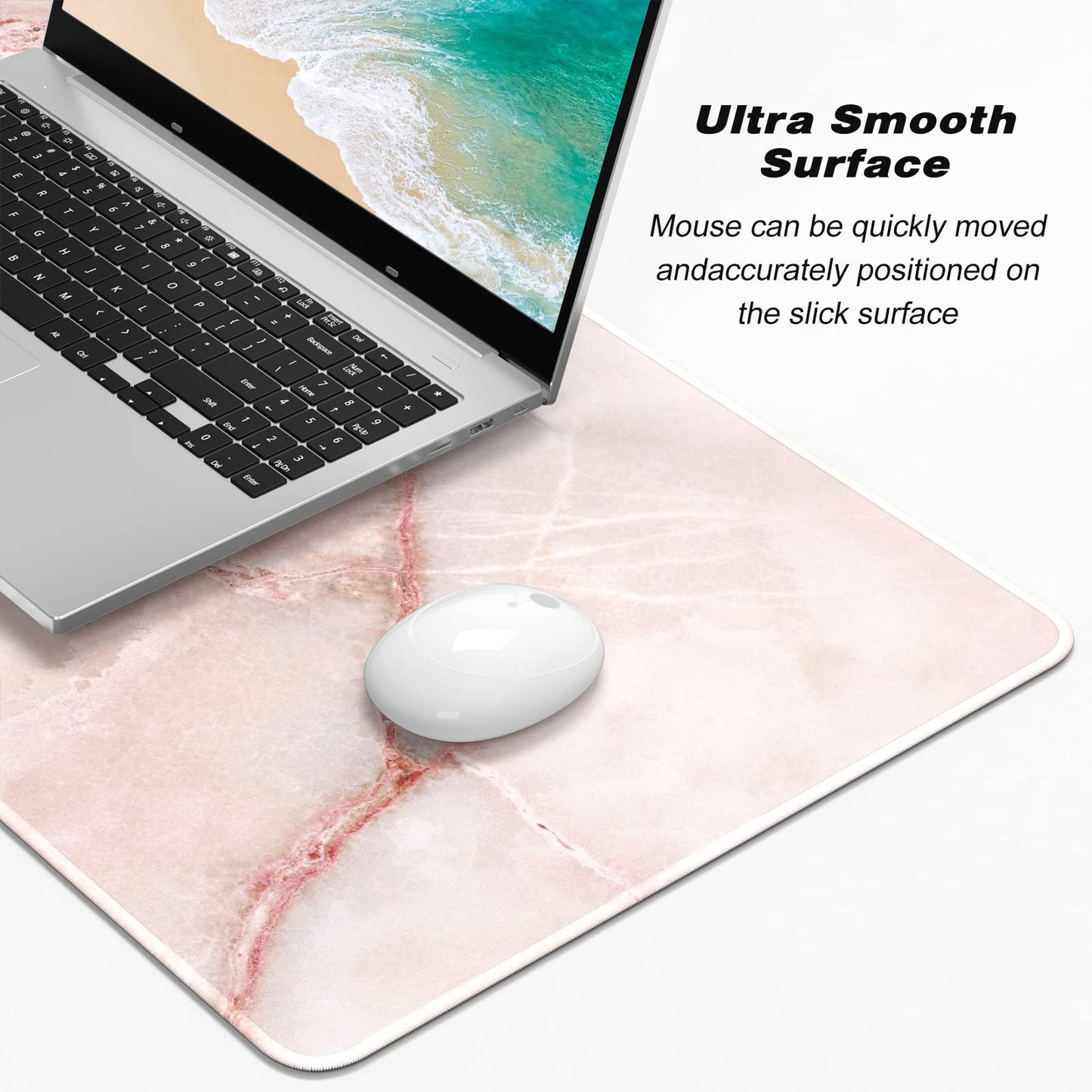 Atufsuat Extended Gaming Mouse Pad, XXL Large Mouse Mat 30 x 14 Inch, Big Computer Keyboard Mousepad, Waterproof Desk Pad with Stitched Edges and Non-Slip Base for Office Gaming, Light Pink Marble