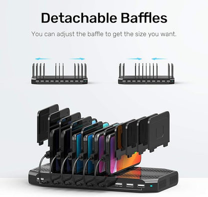 Unitek USB Charging Station, 10 USB Fast Ports Charge Docking Station and Adjustable Dividers, Multi Device Charger Organizer Compatible with iPad, iPhone, Tablet and Cell Phone