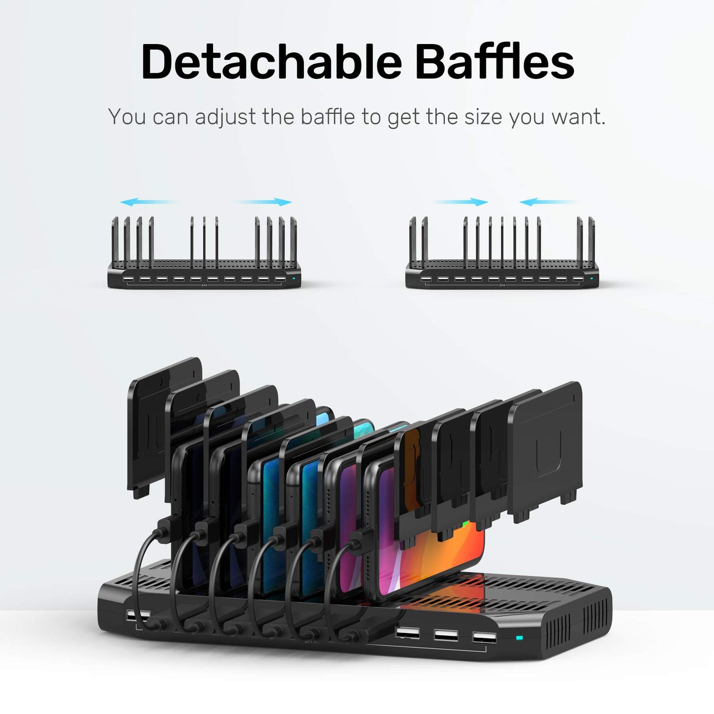 【10PCS】 Unitek Multi Charging Station, 10-Port USB Charger for Multiple Device with SmartIC Tech and Adjustable Dividers, Organizer Stand Compatible with iPad, Tablet, Kindle, iPhone - 10PCS, Black