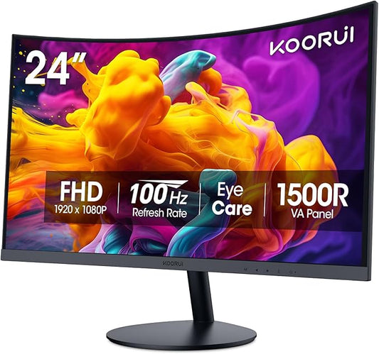 KOORUI 24 inch Curved Monitor, Full HD 1080P Curved Computer Monitor, 100Hz 1500R PC Screen, TÜV Rheinland Certified, HDMI VGA, Tilt Adjustment, LCD Display, Eye Care, Black 24N5CA
