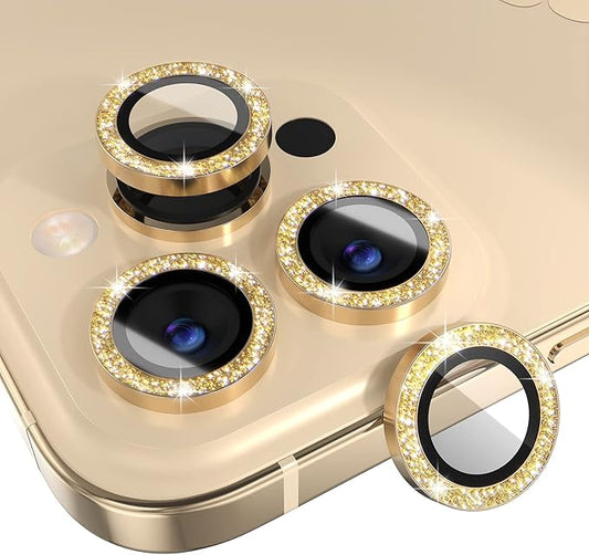 Choiche Compatible for iPhone 14 Pro/iPhone 14 Pro Max Camera Lens Protector Bling, 9H Tempered Glass Camera Cover Screen Protector Metal Ring Decoration Accessories (Glitter-Gold)