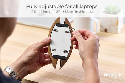Nordik Adjustable Vertical Laptop Stand - Walnut - Premium Laptop Holder for Home Office, Software Engineers - Space Saving Desk Laptop Dock - Stable Non-Slip Wood Stand - MacBook Pro