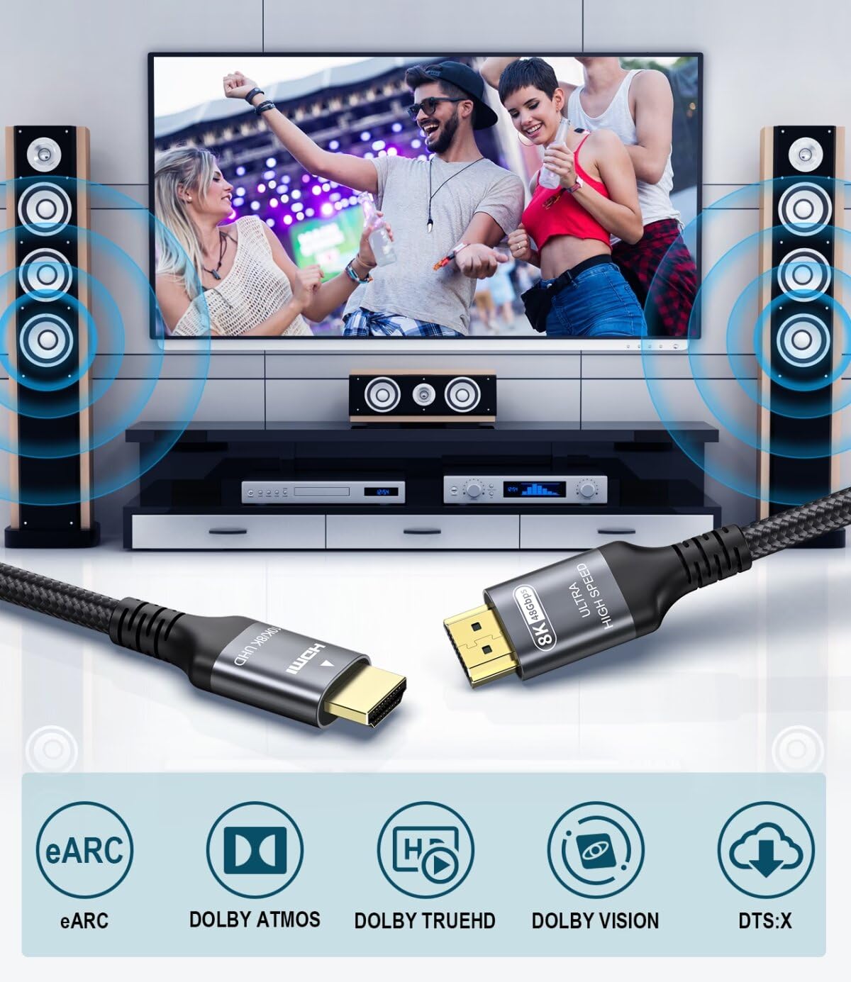 Certified 10K 8K 4K HDMI 2.1 Cable 1.5FT, 48Gbps Ultra High Speed HDMI Cord