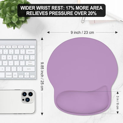ITNRSIIET Ergonomic Mouse Pad with Wider Memory Foam Wrist Rest +17%, Curved Cushion Reduces Pressure 20%, Pain Relief, Non-Slip, Smooth, Cute Color Desk Accessory, 9.85 x 9 inch, Lavender Purple