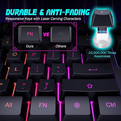 Gaming Keyboard, 7-Color Rainbow LED Backlit, 104 Keys Quiet Light Up Keyboard, Wrist Rest, Whisper Silent, Anti-ghosting Multimedia Keys, Waterproof USB Wired Keyboard for PC Mac Xbox