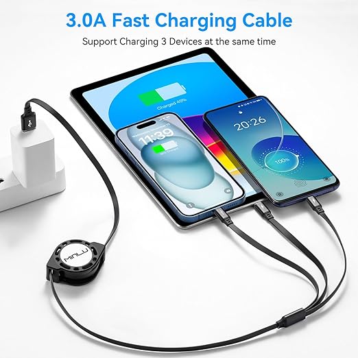 MINLU Multi Charging Cable, 3 in 1 Retractable Charging Cable [4A 1.2M] USB Charging Cord, Phone Charger Cables with IP/Type-C/Micro for iPhone/Galaxy/Pixel/Tablets