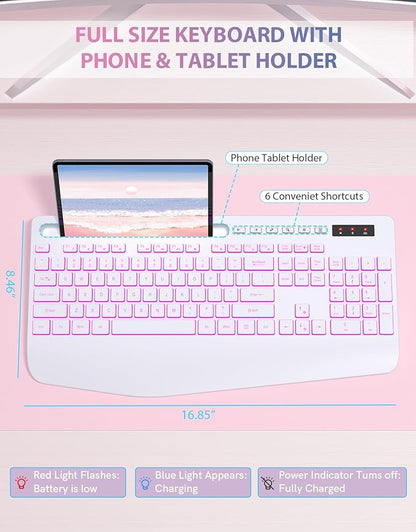 Trueque Wireless Keyboard with 7 Colored Backlits, Phone Holder, Wrist Rest, Rechargeable Ergonomic Keyboard with Silent Light Up Keys, Cordless Computer Keyboard for Windows, Mac, Laptop - (White)