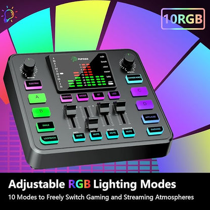 Pupgsis Gaming Audio Mixer, Audio Interface, Sound Board With Pro-Preamp, Noise Cancellation, RGB, Bluetooth, Volume Fader For Streaming/Podcasting/Gaming Maonocaster/Content Create, 6.35mm