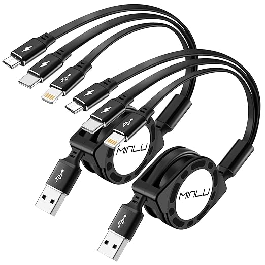 MINLU Multi Charging Cable, 3 in 1 Retractable Charging Cable [4A 1.2M] USB Charging Cord, Phone Charger Cables with IP/Type-C/Micro for iPhone/Galaxy/Pixel/Tablets