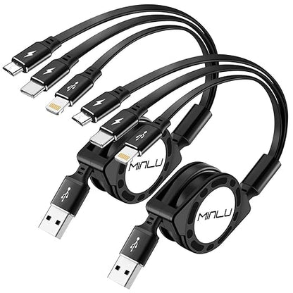 MINLU Multi Charging Cable, 3 in 1 Retractable Charging Cable [4A 1.2M] USB Charging Cord, Phone Charger Cables with IP/Type-C/Micro for iPhone/Galaxy/Pixel/Tablets