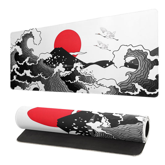 Japanese Gaming Mouse Pad Abstract Black Mouse Pad 31.5x11.8 Inch Black Sea Wave Texture Non-Slip Rubber Base Large Ocean Mousepad Stitched Edges Keyboard Mouse Mat Desk Pad for Office and Home