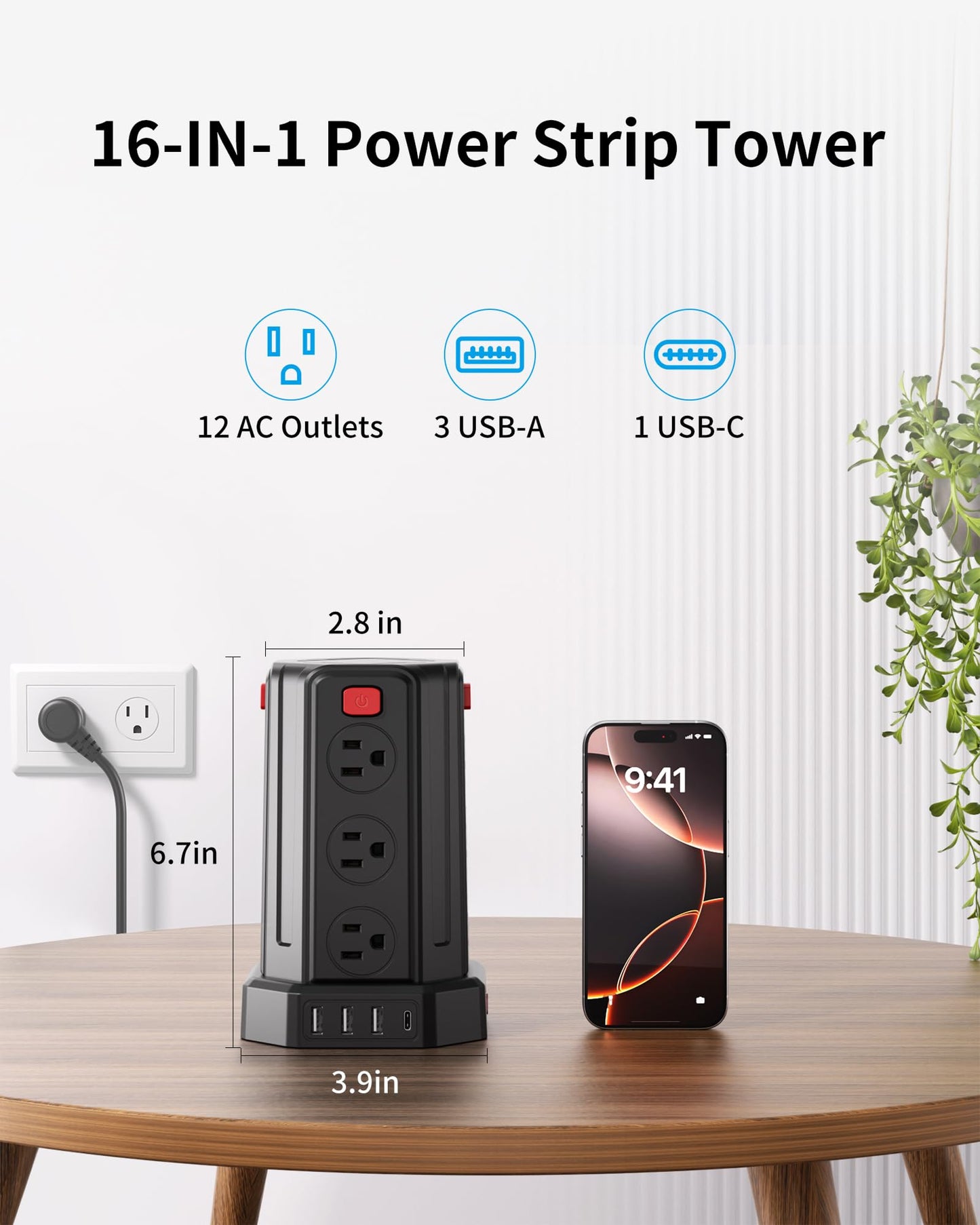 Power Strip Surge Protector, 6.5 Ft Extension Cord with 12 AC Multiple Outlets 4 USB (1 USB C), SMALLRT Power Tower Desktop Charging Station