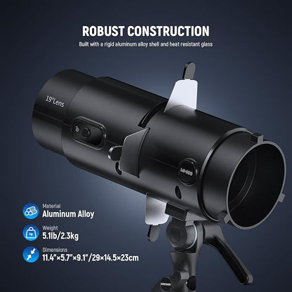 NEEWER LS-300 Spotlight Optical Snoot for 300W Bowens Mount LED Video Lights with 16x GOBO 19° Projection Lens 98% Light Transmittance Geometric Shaper for Creative Photography & Enhanced Illuminance