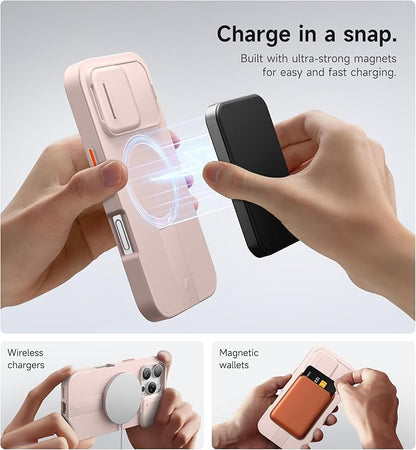 SURITCH for iPhone 16 Pro Case with Slide Camera Cover and Adjustable Kickstand, Compatible with MagSafe Protective Cover 6.3 Inch,Pink (ONLY Compatible with iPhone 16 Pro)