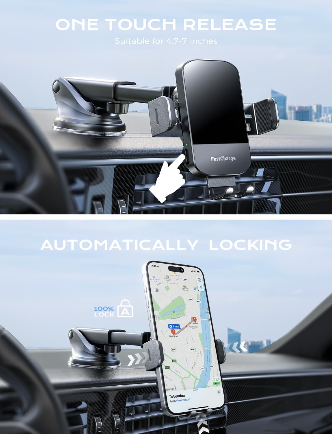 CHGeek Wireless Car Charger, 15W Fast Charging Auto Clamping Phone Holders for Your Car Phone Mount fit for iPhone 17 16 15 14 13 12 Pro Max 11 XR XS, for Samsung Galaxy S25 Ultra S24 S23, Black