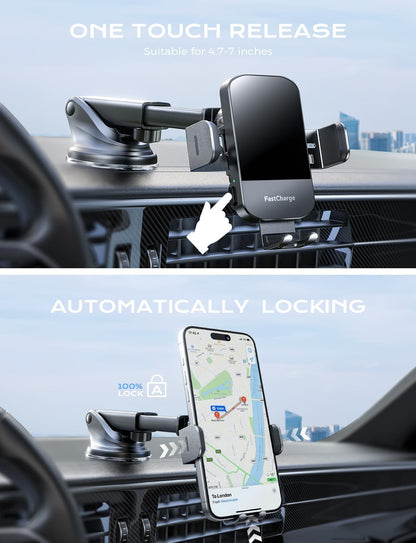 CHGeek Wireless Car Charger, 15W Fast Charging Auto Clamping Phone Holders for Your Car Phone Mount fit for iPhone 17 16 15 14 13 12 Pro Max 11 XR XS, for Samsung Galaxy S25 Ultra S24 S23, Black
