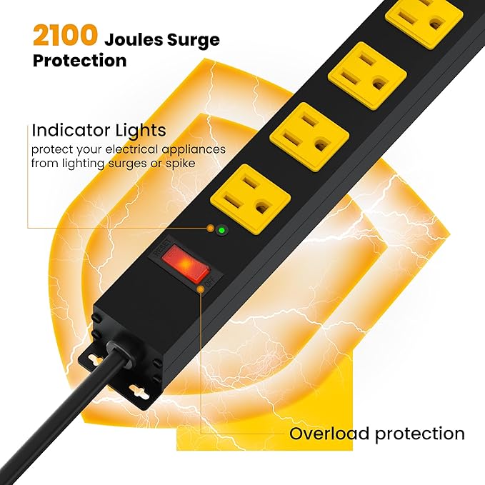 Metal 12 Outlet Mountable Power Strip, Surge Protector Heavy Duty Cord Wide Spaced and Wall Mount Metal Powerstrip for Outdoor, Desk, Garage, Industrial, Shop and Indoor (15ft)