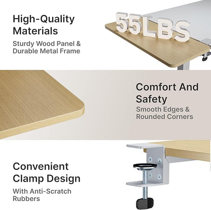 Desk Extender Tray, 28" x 12" Clamp On Desk Shelf, Desk Extension with Laptop Holder, Table Desk Arm Rest, Clamp On Keyboard Tray for Office and Home, Workstation Organizer, Large, Wood