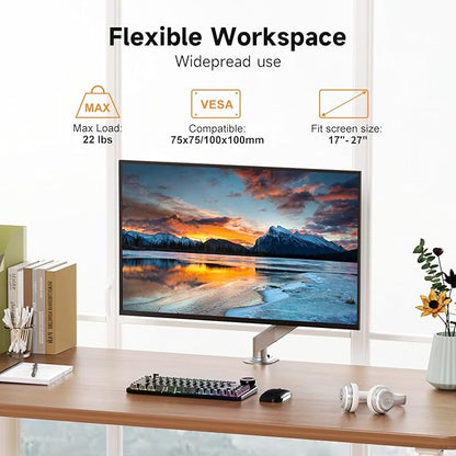 Suptek Single Monitor Mount Stand,Gas Spring Monitor Arm Desk Mount Fully Adjustable for 17 20 22 23 24 26 27 inch Monitors Weight Capacity up to 13.2 lbs (Silver)