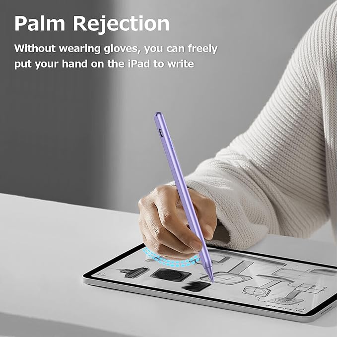 Stylus Pen for iPad 9th&10th - Fast Charge for iPad Pencil Palm Rejection Active Pen Compatible with (2018-2025) Apple iPad 6/7/8/9/10/11(A16), Pro 11"/12.9"/M4, Mini 5/6, Air 3/4/5/M2/M3 (Purple)