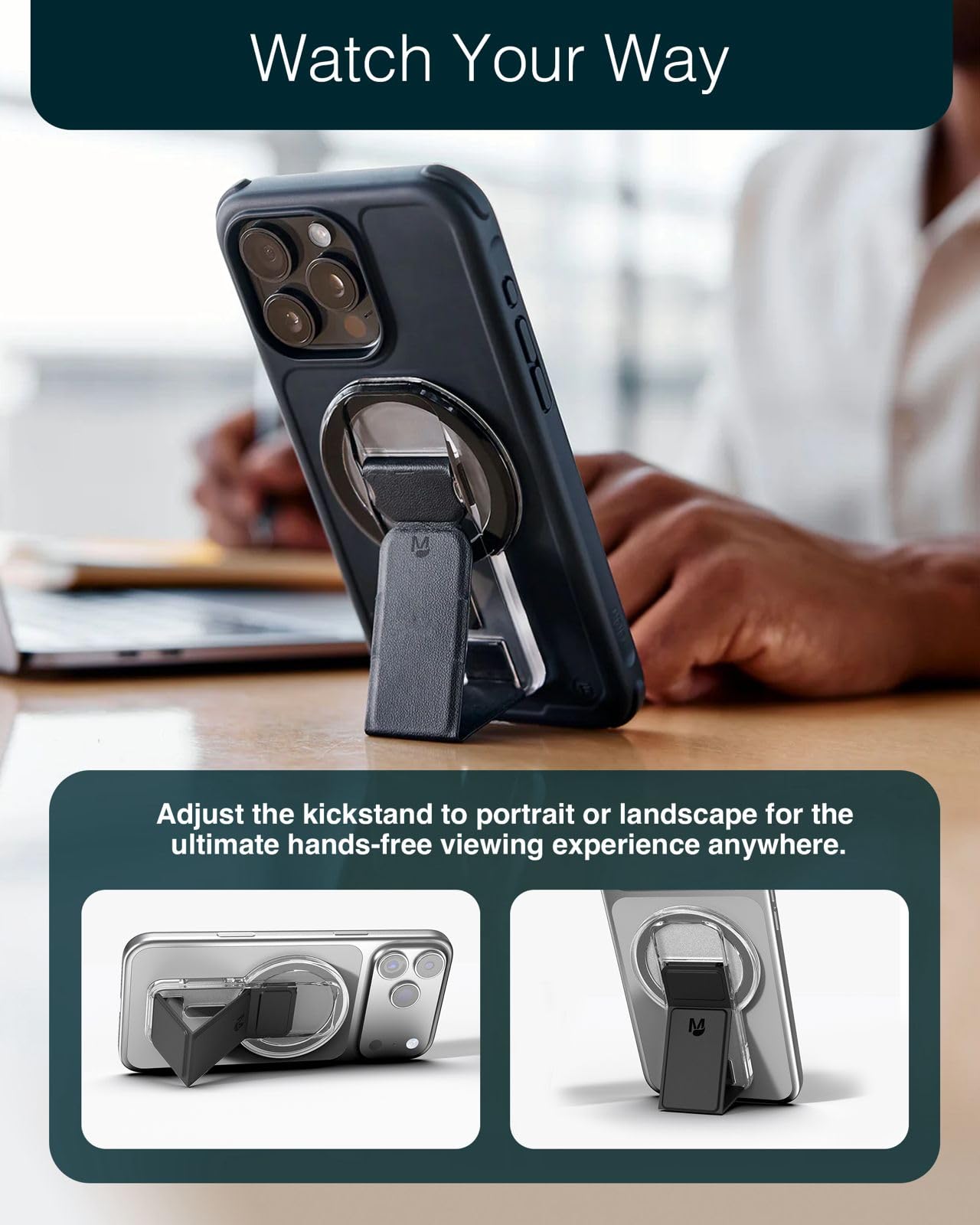 CLCKR for Magsafe Phone Grip, Magnetic Kickstand, 3-in-1 Cell Phone Finger Loop Strap for Mag Safe Case, Ring Holder for iPhone 17/16/15/14/13/12, Samsung Galaxy, Motorola, Pixel Pro & More - Carbon