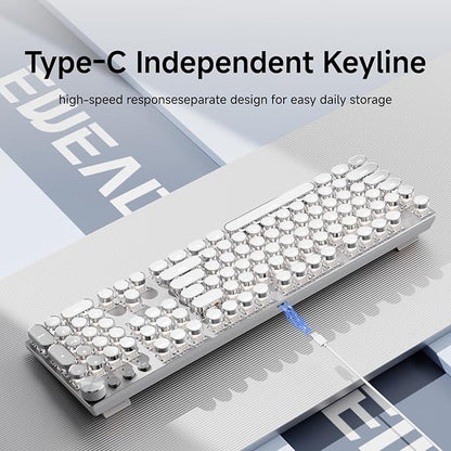 EWEADN Typewriter Style Mechanical Gaming Keyboard, Wired Mechanical Keyboards,104 Keys Backlit LED Keyboards, Media Control Knob, Wired Computer Keyboard Pink Switch for Windows/Mac/PC-White