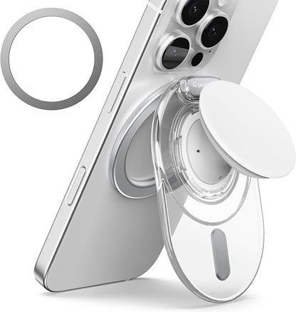 Sinjimoru Phone Grip Stand, Compatible with MagSafe, Adaptor Ring Included, 3000G Kickstand for iPhone 16/15/14/13/12. M-Tap Tok Stand Clear White