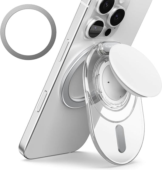 Sinjimoru Phone Grip Stand, Compatible with MagSafe, Adaptor Ring Included, 3000G Kickstand for iPhone 16/15/14/13/12. M-Tap Tok Stand Clear White